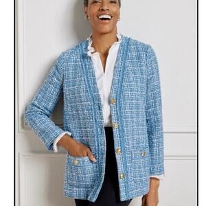 Talbots Womens Sz 16 Tweed Cardigan Collarless Blazer Jacket Blue PInk Coatigan
